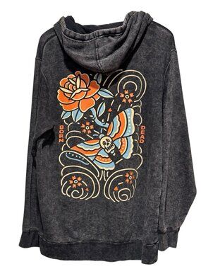 Born Dead Streetwear Womens sz XL Black Skull Rose Butterfly Graphic Hoodie